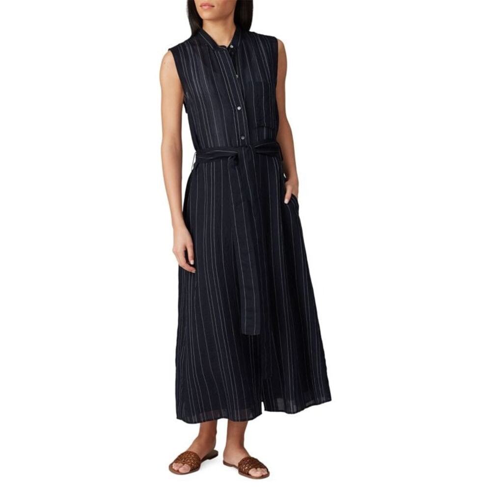 Vince Drapey Stripe Navy Blue Sleeveless Tie Waist Midi Shirt Dress Size XS